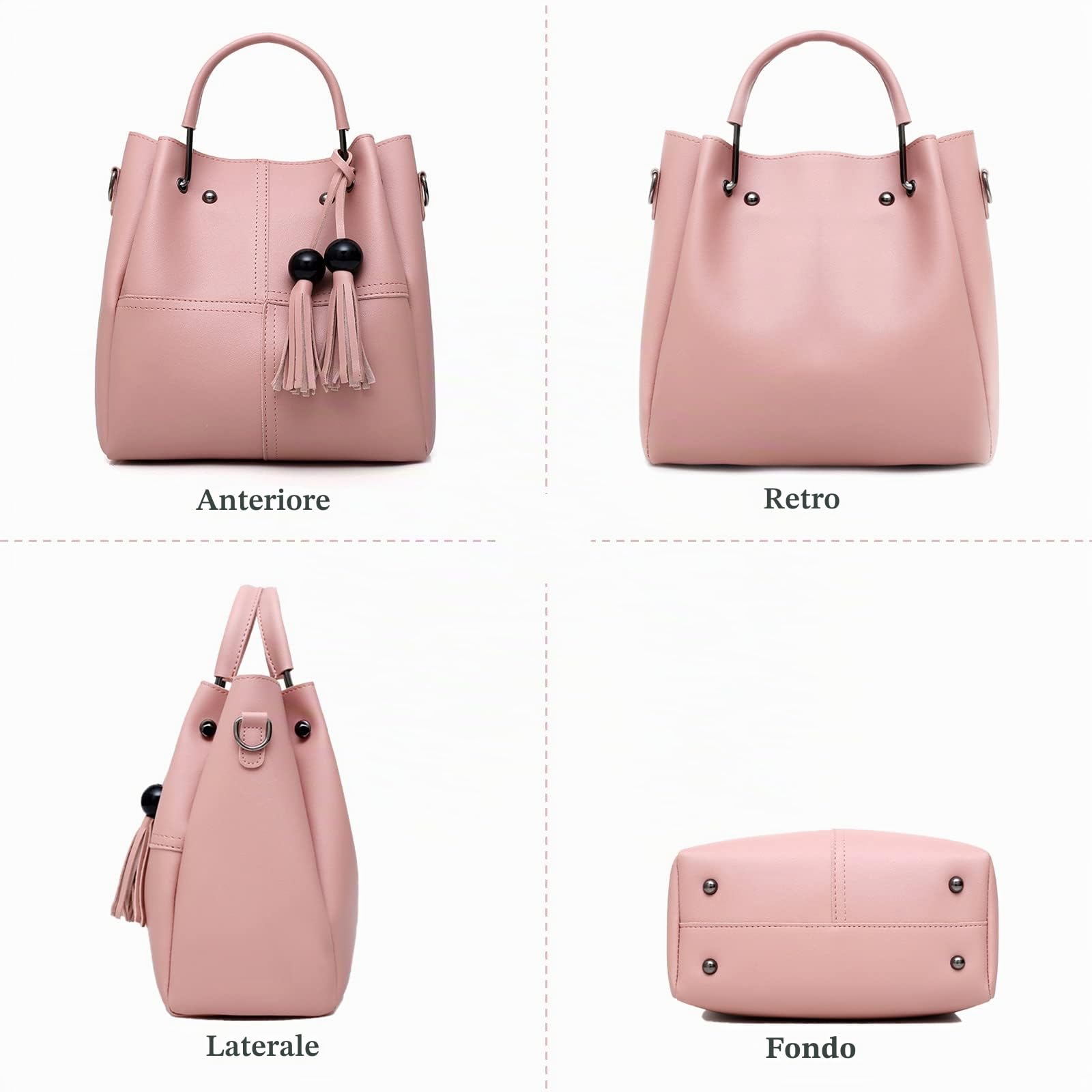 FANDARE Moda Borsa a Secchiello 3 Pezzi Set Borse a mano da donna Impermeabile Borse Tote da donna Borsa a mano con Frange PU Pelle Borsa a Tracolla con Catena per Shopping Viaggio Lavoro Bianco