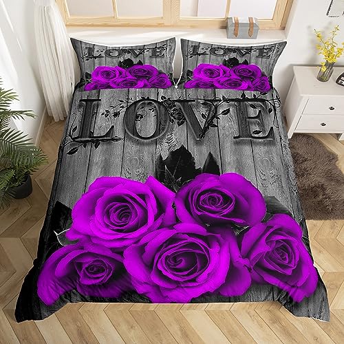 Erosebridal Purple Rose Duvet Cover Queen Purple Black Romantic Floral Bedding Set for Girls Women Valentine's Day Blossom Flower Comforter Cover Retro Rustic Farmhouse Rose Bed Set 2 Pillow Cases