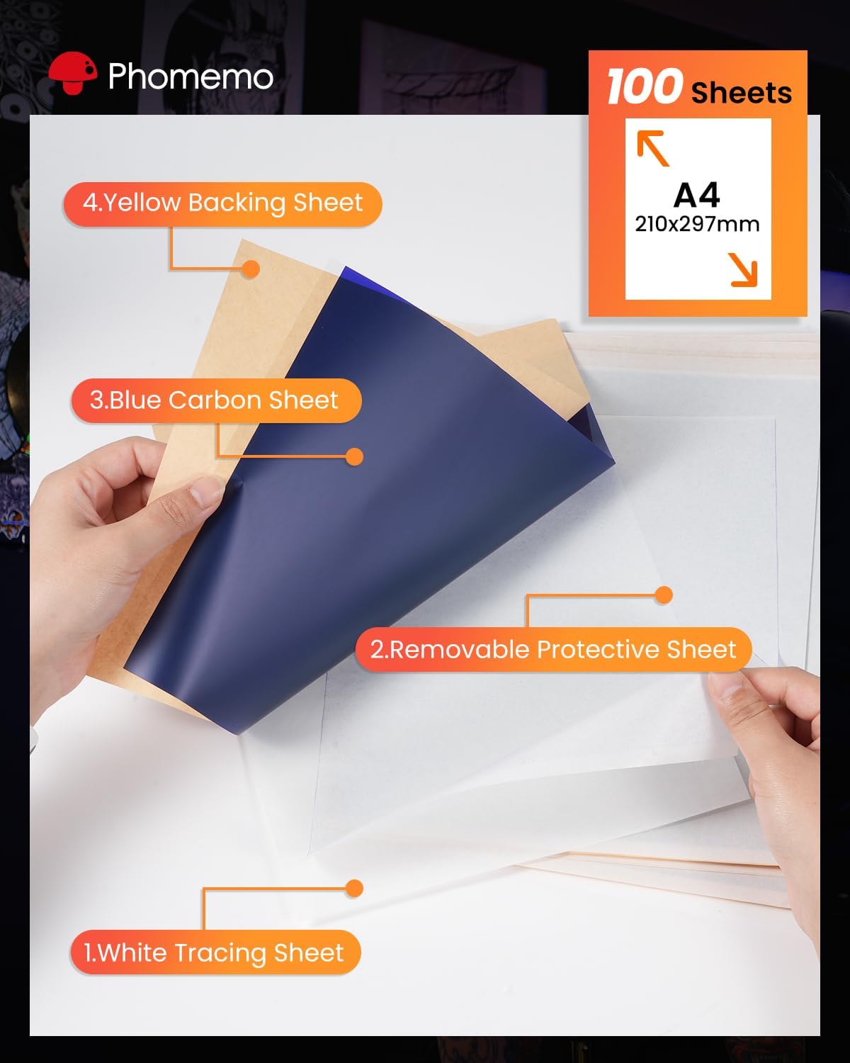 Phomemo Premium Tattoo Transfer Papier, A4 Transferpapier, 100 Blätter | M08F Plus L85 Professioneller A4 Transferpapier für Tattooing, Schablonenpapier Kompatibel mit M08F Plus L85 Tattoo Drucker