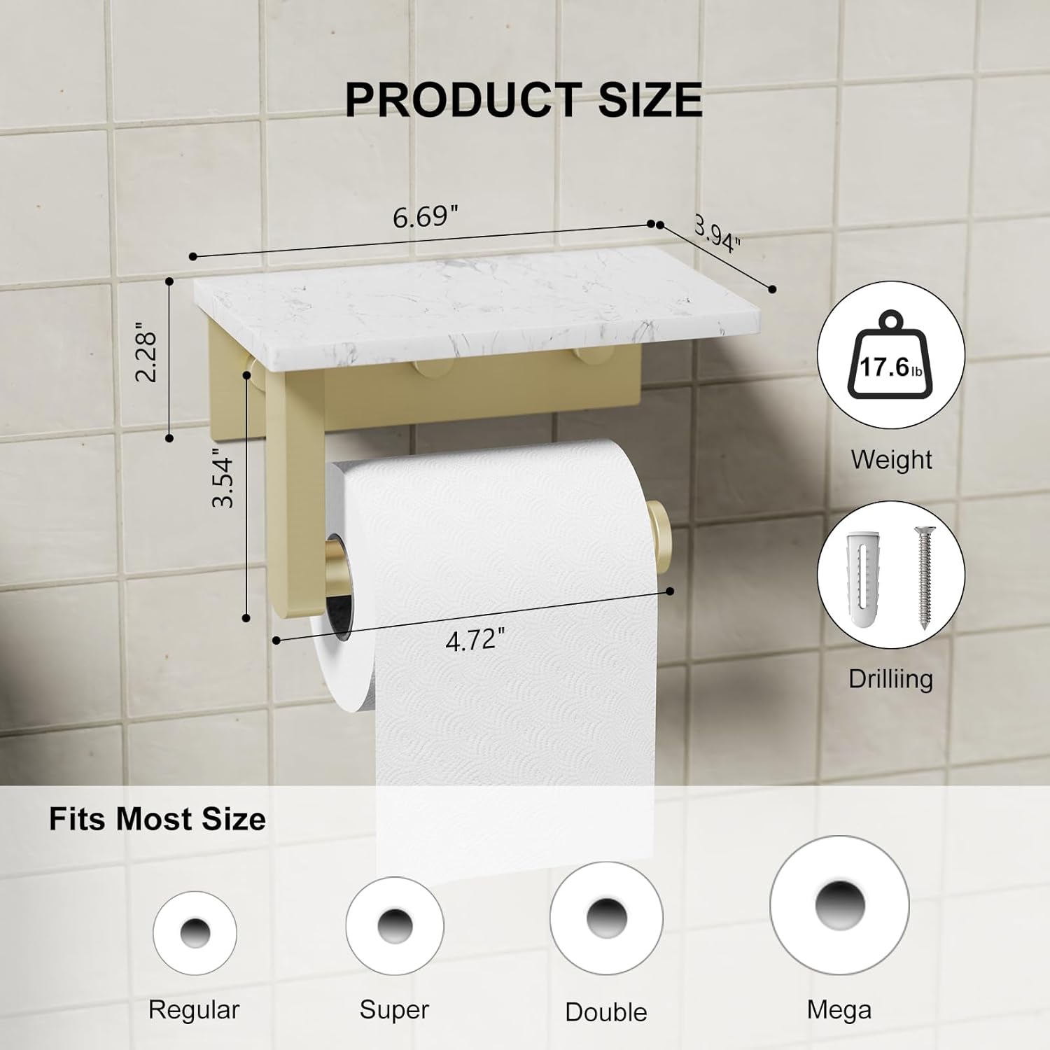 Brushed Gold Toilet Paper Holder with Marble Shelf, 304 Stainless Steel Tissue Hand Holder Wall Mounted Toilet Paper Roll Hold with Phone Shelf for Bathroom Kitchen Washroom Bedroom