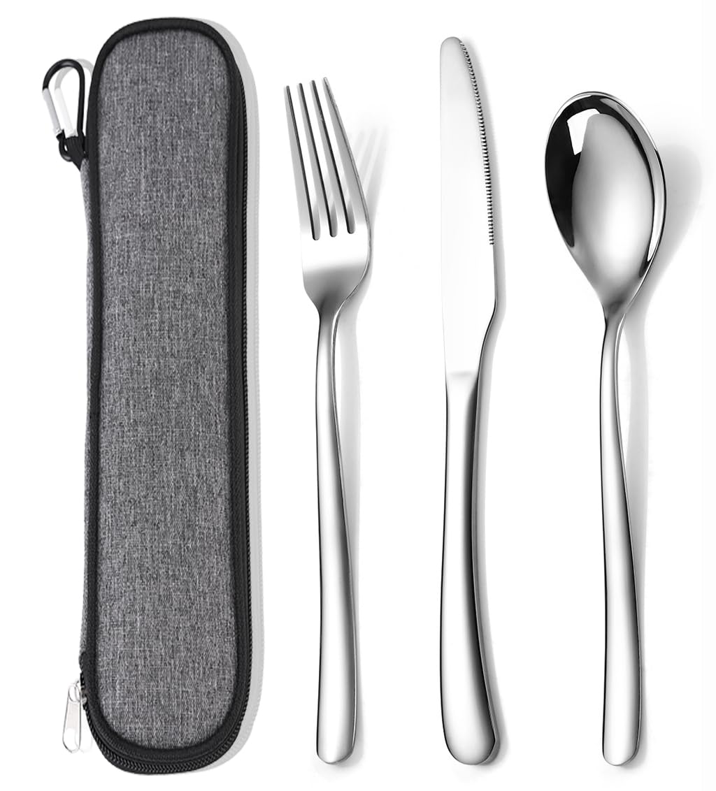 MURRI&MURRDI Stainless Steel Cutlery Set for 1, Travel Knife Fork Spoon with Case, 3 Pieces Cutlery Set for Work Lunch, Portable Reusable Flatware Set for Camping (3 Silvery)