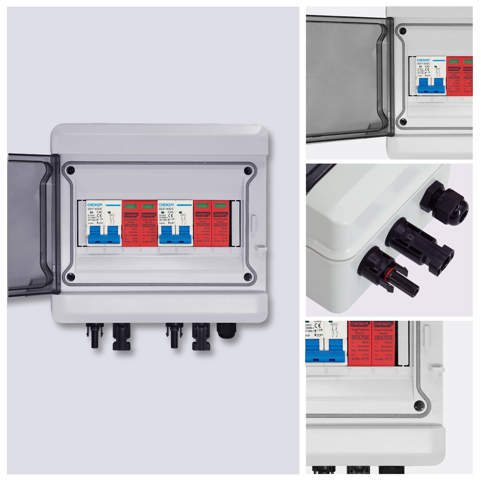 Protección Contra Sobretensiones PV DC, Seccionador Protección Contra Rayos Disyuntor DC 2 Cadena 500V 40A, IP65 Caja de Conexiones Solar a Prueba de Agua para Fotovoltaica (2 en 2 fuera）