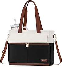 LOVEVOOK Laptop Bag for Women 15.6 Inch Canvas Laptop Large Capacity Work Bags Mutiple Pockets Teacher Bag Water Resistant Computer Bags for Business Travel Nurse, Black Brown