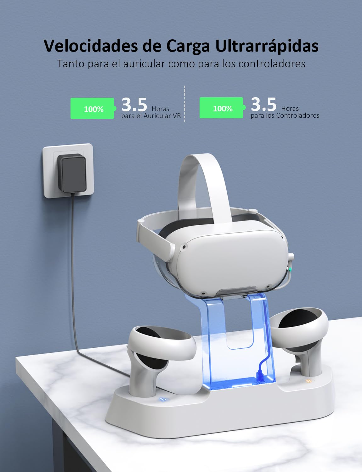 NexiGo Base de Carga Mejorada con Luz LED para Oculus Quest 2, [Soporte de Elite Strap con Batería], Expositor de Auriculares y Soporte de Controlador, 2 Baterías Recargables, Cable Magnético