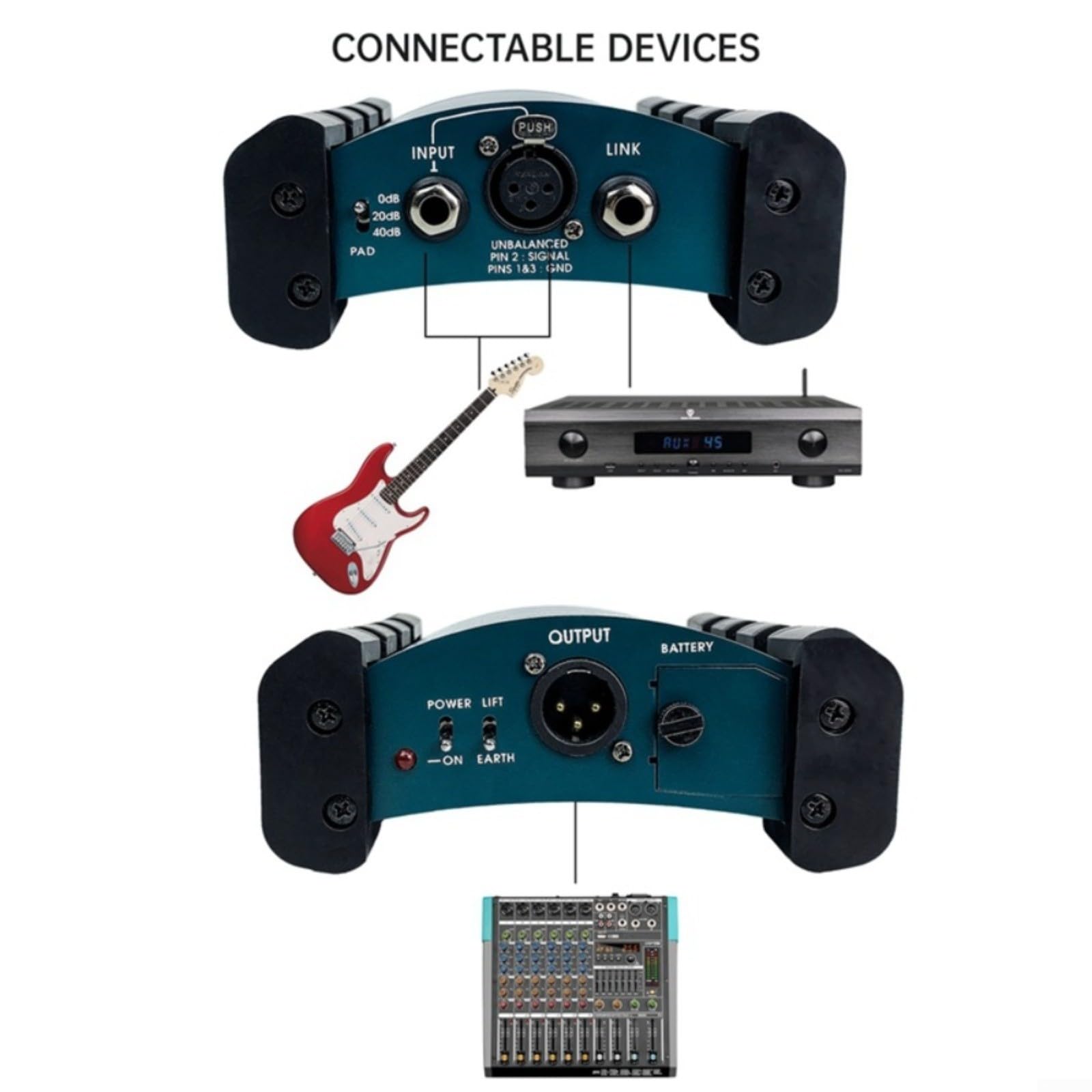 Boîtier DI actif professionnel avec convertisseur d'impédance, interface audio en alliage d'aluminium pour enregistrement en direct et studio, boîtier d'alimentation pour microphones et