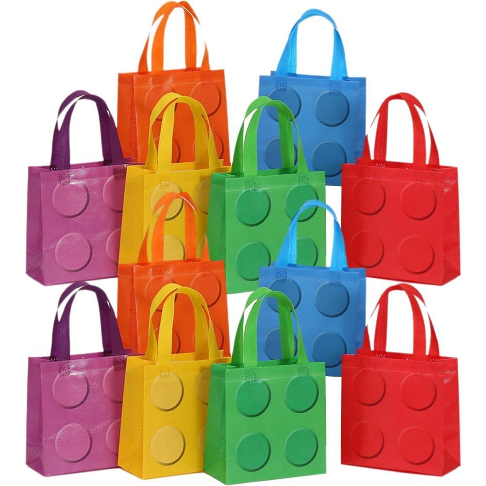 Lipfer 12pcs Building Block Party Favor Gift Bags, Bricks Candy Non-woven Bags, Gift Goodie Bags with Handle for Building Block Themed Birthday Party Baby Shower Decoration Supplies