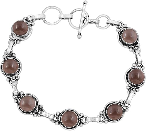 Round Shape Natural & Synthetic Gemstones Silver Plated Bracelets for Women - Vintage Bohemian Style Handmade Birthstone Adjustable Link Bracelet
