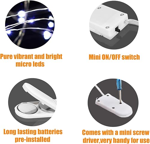 Miniatura 5 de Paquete de 20 luces de hadas operadas con pilas, 20 luces LED de alambre plateado de 3.3 pies, luces de luciérnaga blancas frías, luces de tarro de