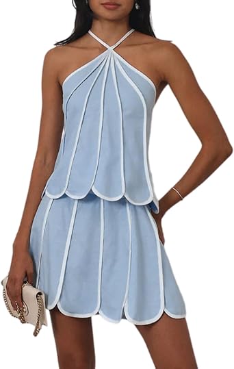 2 Piece Skirt Sets for Women Sleeveless Halter Neck Crop Top and Mini Skirt Set Casual