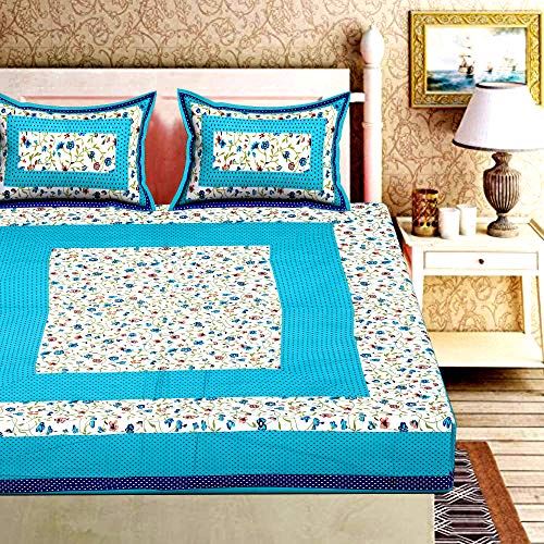 Image of RajasthaniKart Pure 100% Cotton Double Bed Sheet with 2 Pillow Covers (Bedsheet for Double Bed Cotton, Green Bindiya Jaipuri, King Size,5216)