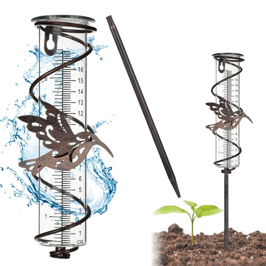 Regenmesser mit Kolibri, Glasrohr Regenmesser für den Außenbereich, Gartendeko für Garten, Hof, Terrasse, Rasen und Wege, aus Eisen und Glas, zur Messung von Niederschlag
