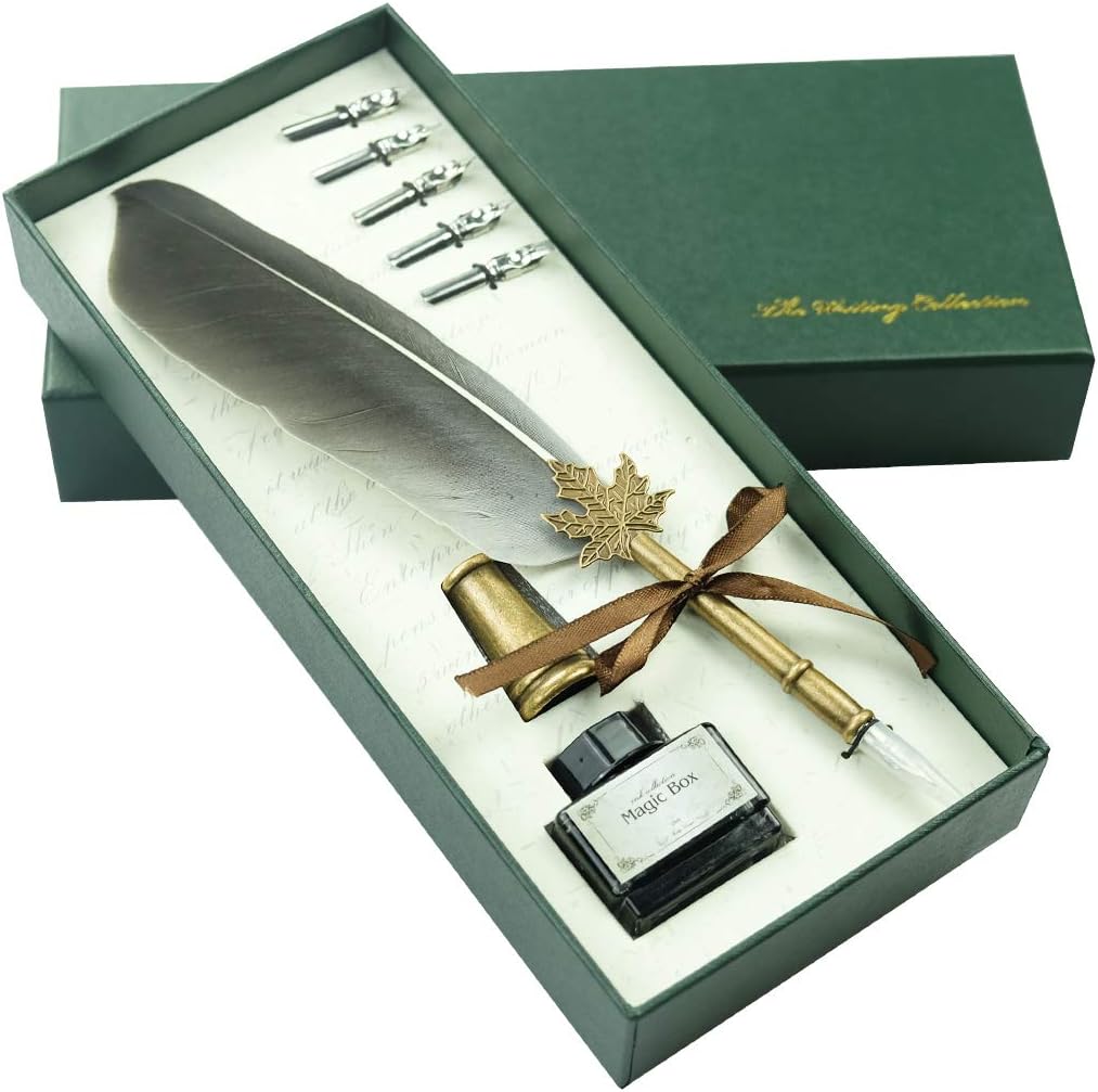 Feather Pen Antique Markstest Pen Handcrafted Retro Quill Pen Set Writing Quill Dip Pen with 5 Replacement Nibs, Pen Nib Base,Dip Ink Bottle in Gift