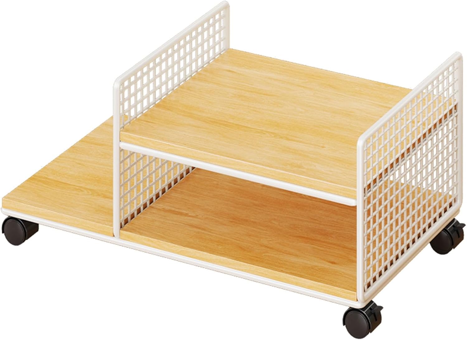 AV Media Stand, 2 Tier CD Player Stand with Wheels,Metal Media Cart,Open Storage Audio Rack for Living Room, Conference Rooms, Recording Studio(White+Light Walnut)