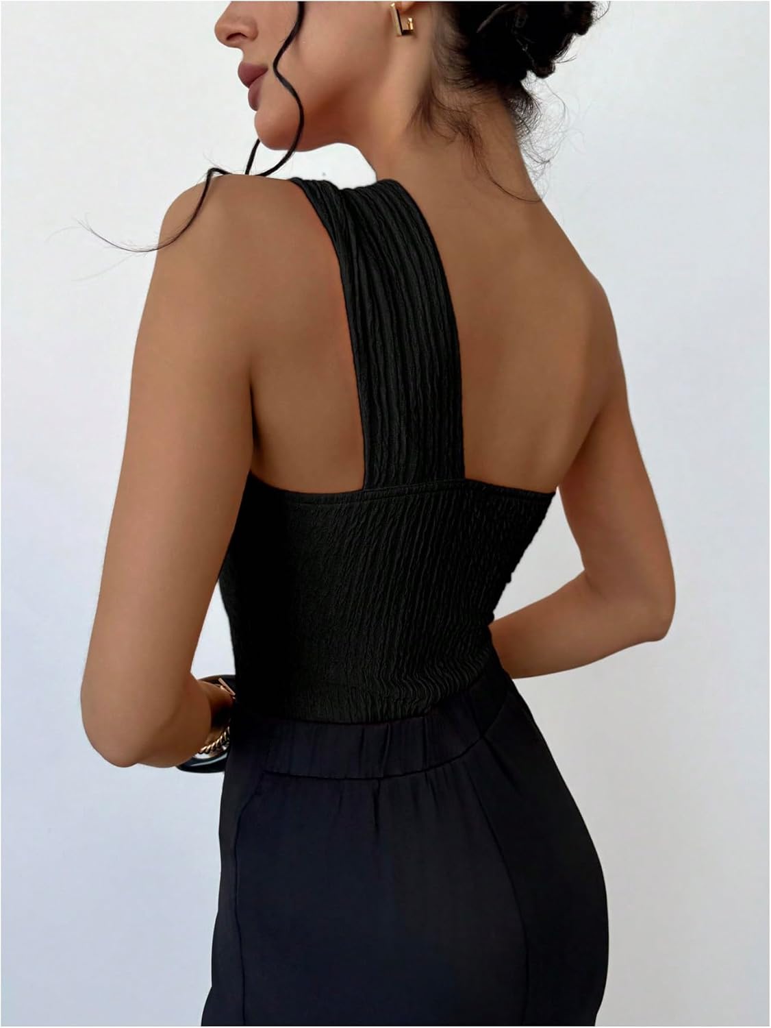 OYOANGLE Women's Textured One Shoulder Going Out Bodysuit Tops Twist Front Ruched Sleeveless Tank Top Body Suits - Image 2