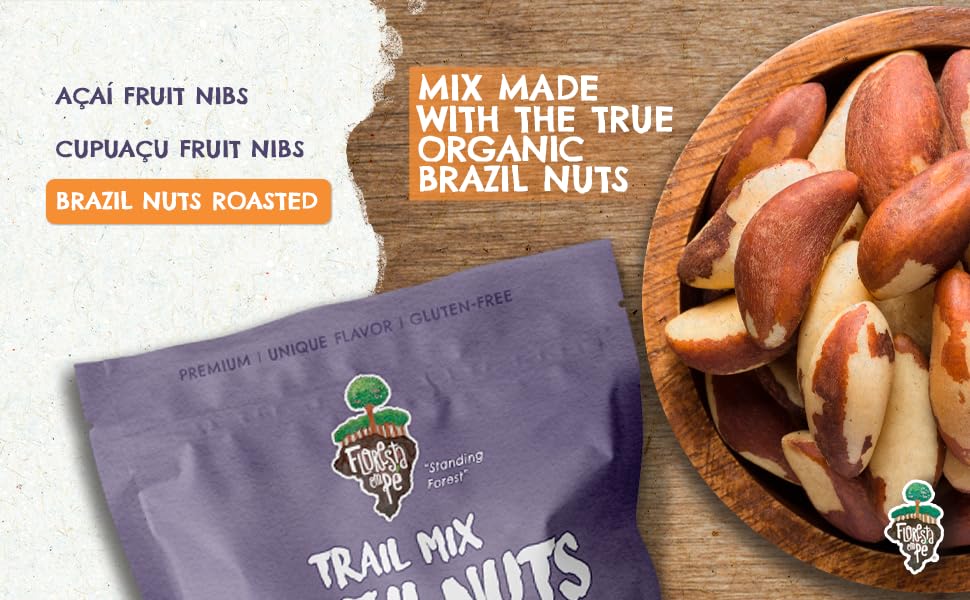 Image of FOREST UP Snack Acai Trail Mix 7 oz - The True Organic Brazil Nuts Roasted + Acai Fruit Nibs + Cupuacu Fruit Nibs - Nutrient-Rich and Practical Combo - Fresh, Vegan and Gluten Free