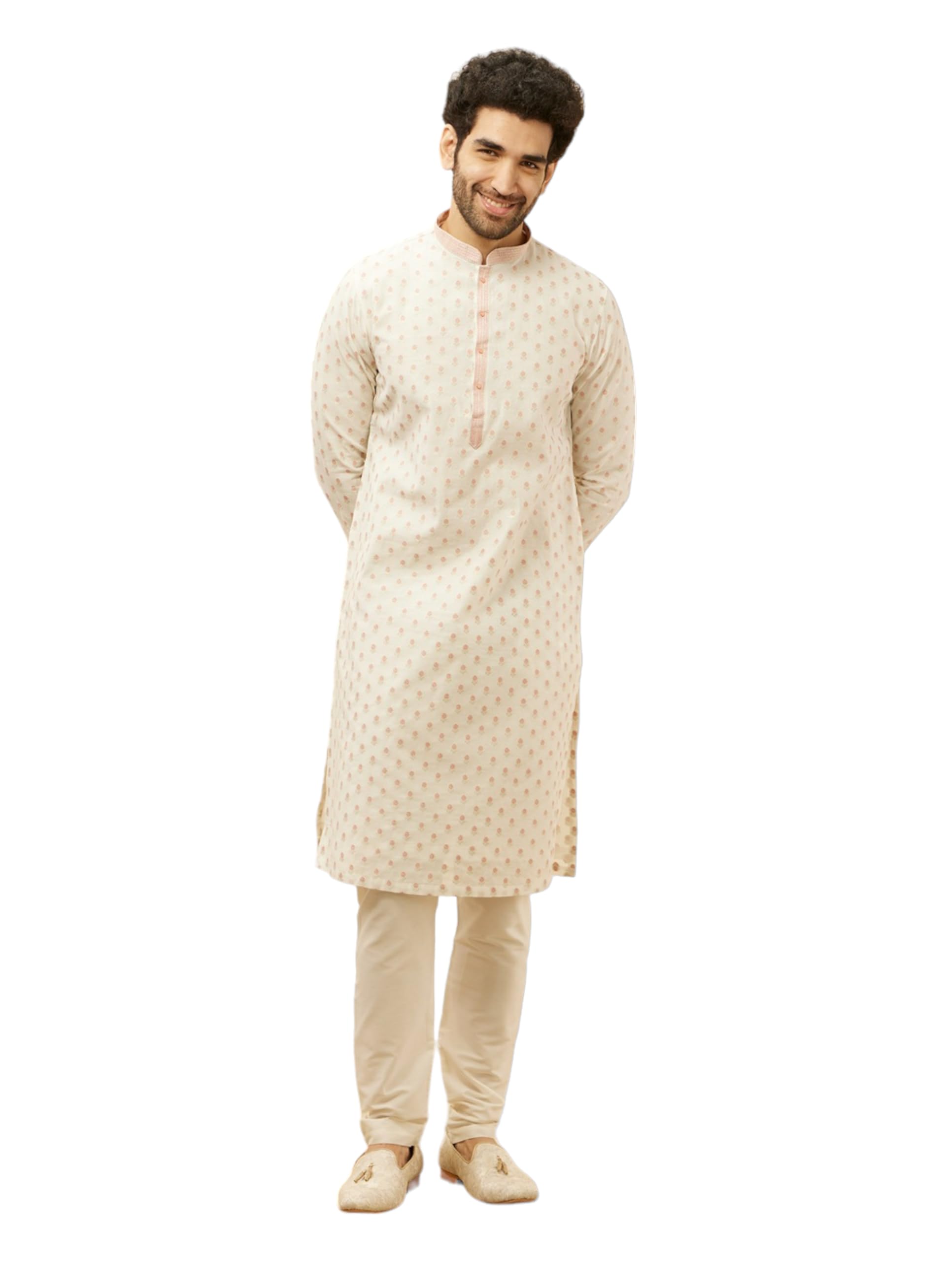 manyavar Men's Floral Motif Jacquard Zari Embossed Kurta Set (2pcs)-picture-17