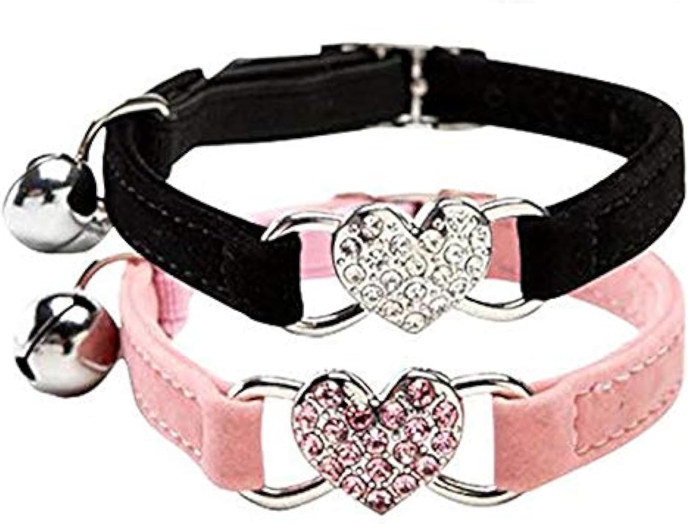 CHUKCHI Cat collar with bell blin-Cat Adjustable Collar with Crystal Heart Charm and Bells 8-11 Inches(Black+Pink) 2 pcs