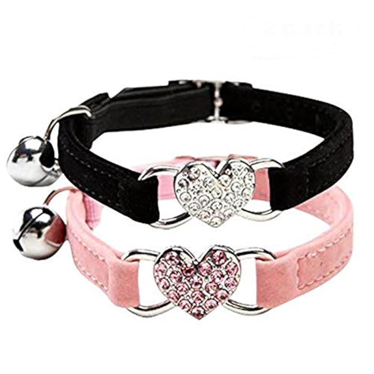 CHUKCHI Pink Soft Velvet Safe Cat Adjustable Collar with Crystal Heart Charm and Bells 8-11 Inches(Black+Pink)