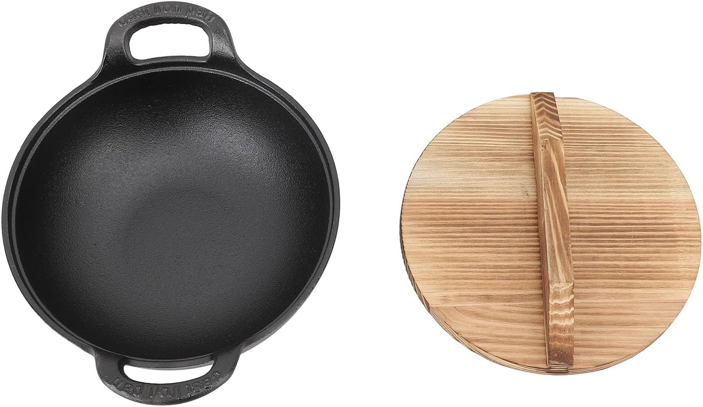 TeamSky Wok Wok wok antiadherente de hierro fundido con tapa, sartén con parte inferior plana, utensilios de cocina tradicionales pequeños y resistentes sin revestimiento con asas integrales dobles