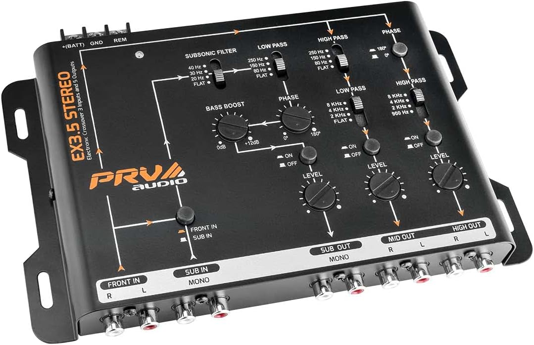 PRV AUDIO Crossover Car Audio EX3.5 Stereo 3 Way or 2 Way Electronic Crossover 9 Volts, 4 in 6 Out RCA Channels Car Sound Processor