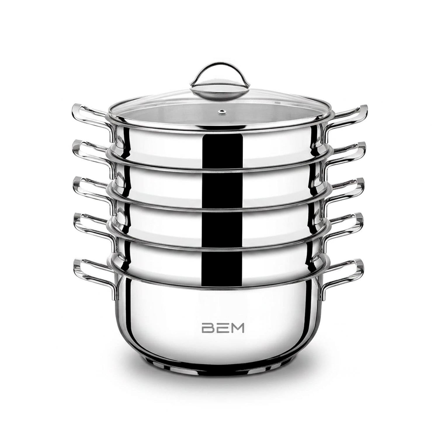 BEM Dampfkocher: 6-tlg Set aus Edelstahl 18/10, Ø 28 cm, Mantowarka | Dampfgarer Topf mit Glasdeckel und Dampfeinsatz, für Induktionsherd geeignet