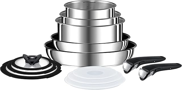 Tefal Ingenio Stainless Steel Pots & Pans Set, 13 Pieces, Stackable, Removable Handle, Space Saving, Non-Stick, Induction, L9409042