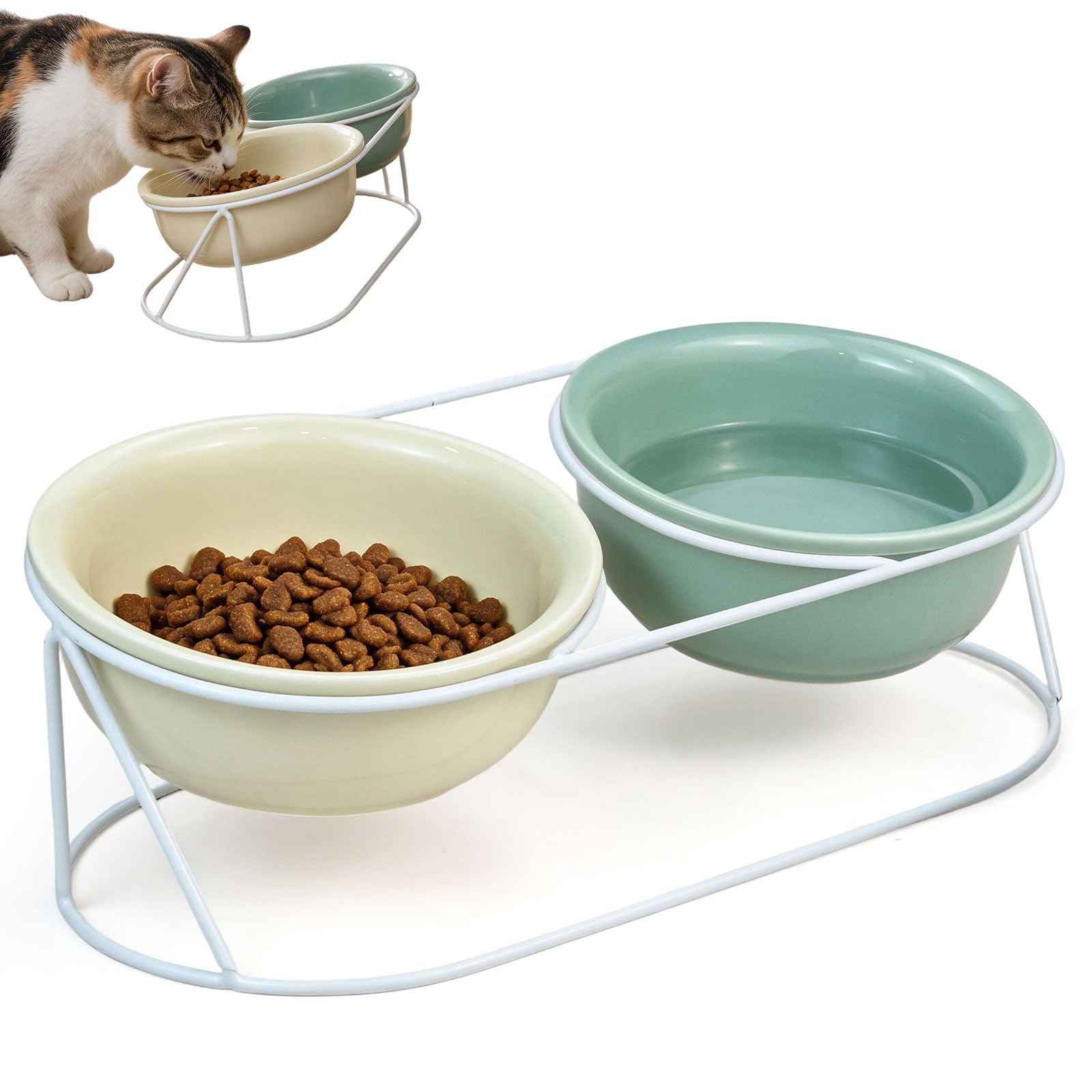 Raised Cat Bowl - Cat Ceramic Bowls with Metal Stand tilted, 2 Pack Ceramic 600 ml Raised Cat Food and Water Bowl Set, 15° Tilted Anti-Vomiting Removable Pet Feeder, Green & Beige