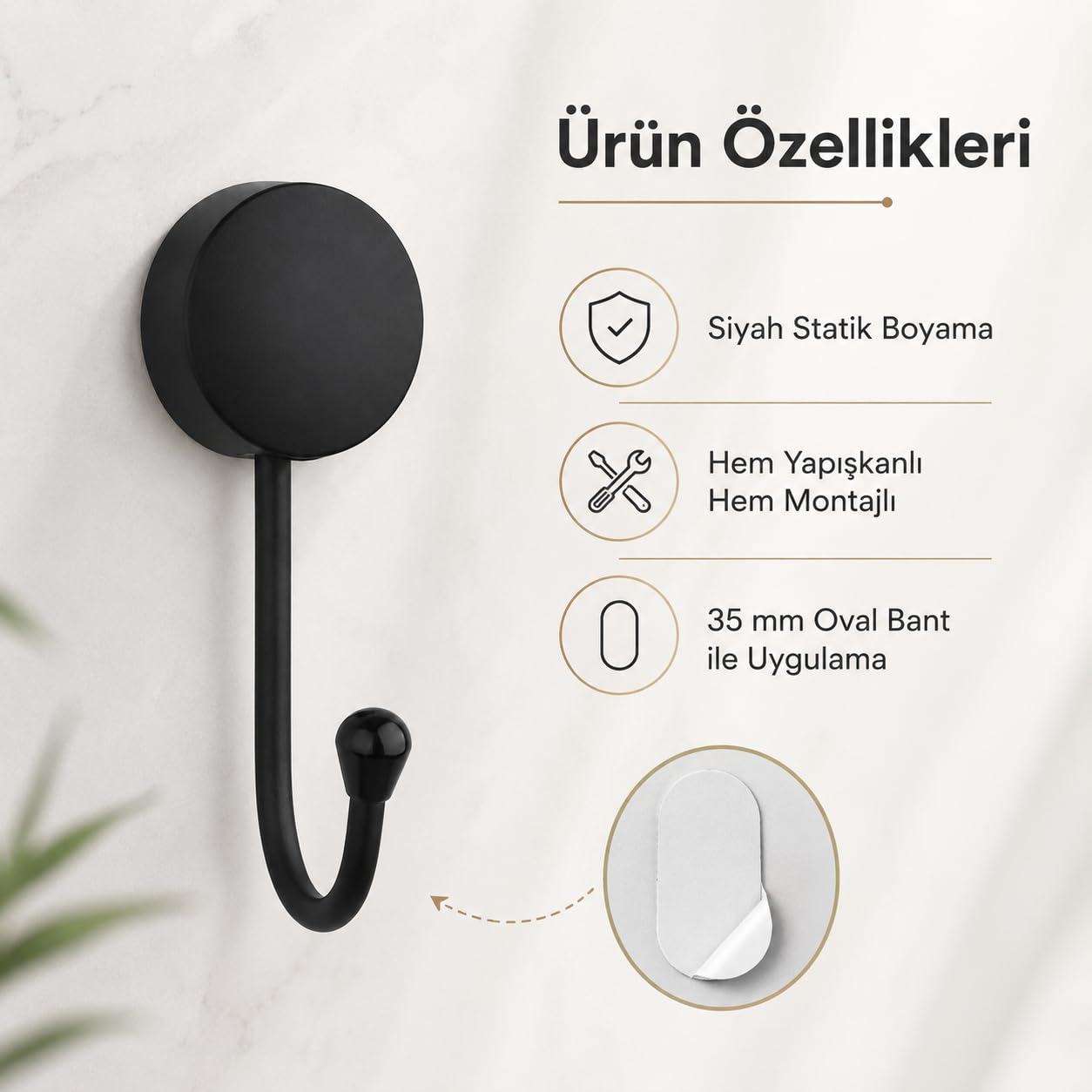 Alper Banyo Lotus Siyah Tekli Askılık, Yapışkanlı ve Vidalı Montajlı Duvar Askısı, Mat Siyah Statik Boyama, Banyo Mutfak ve Antre İçin Çok Amaçlı Askı