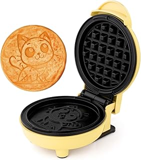 Holstein Housewares Kitty Waffle Maker – Cute Cat-Shaped, 4-Inch Yellow Mini Waffle Iron, Non-Stick, Fun Breakfast Appliance for Kids & Cat Lovers