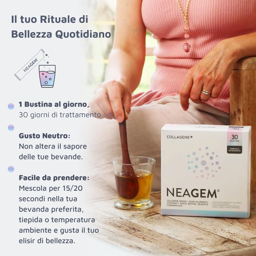 Neagem Collagene in polvere in bustina, 30 dosi con 5g di Collagene Verisol®, 240mg di Acido Ialuronico, Vitamina C, Zinco, Biotina, Selenio, Coenzima Q10, anti-age per pelle, unghie e capelli