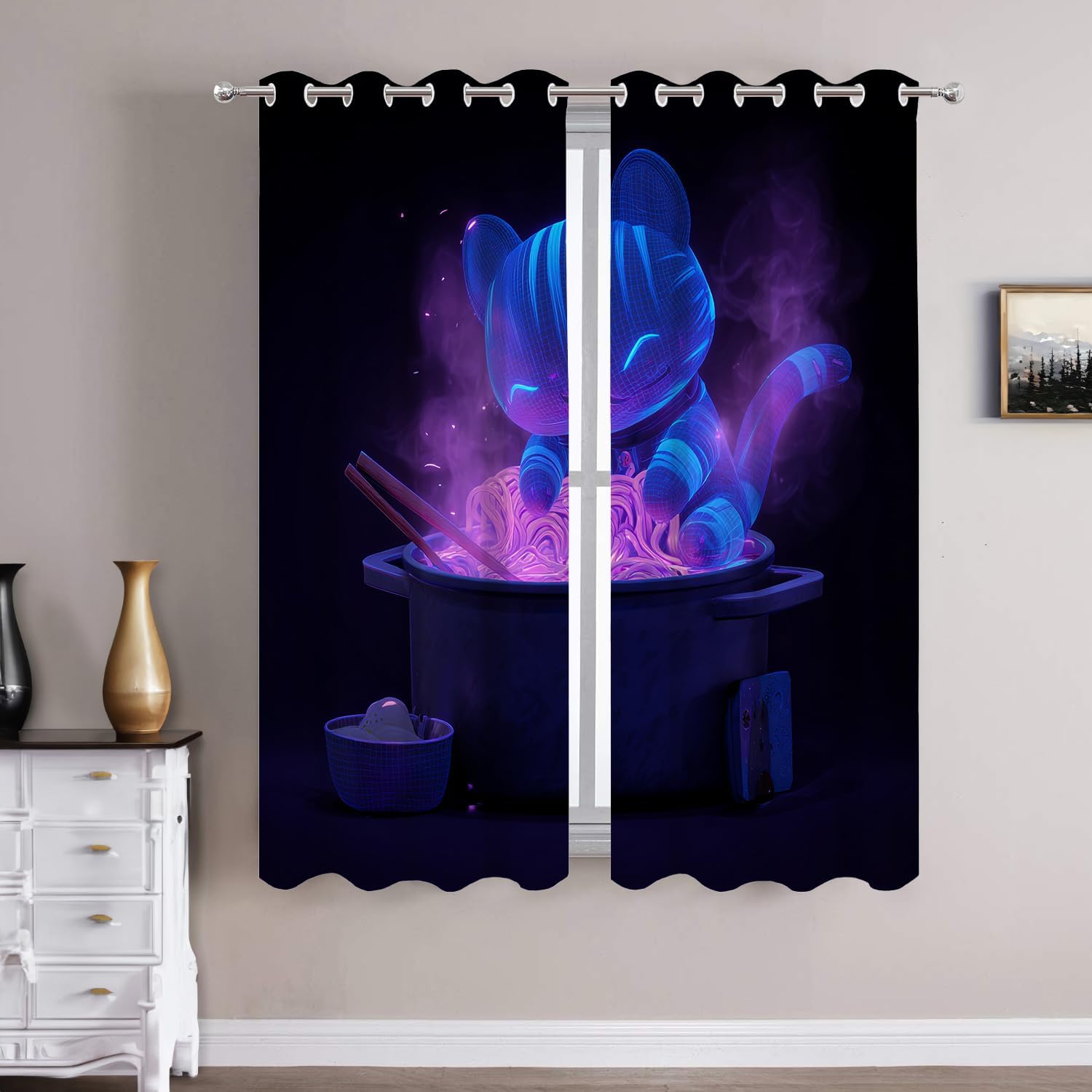 Batmerry Cyberpunk Plush Cat Bedroom Blackout Curtains, Holographic Pot Violet Steam Grommet Long Drapes Thermal Insulated Curtains, Set of 2 Panels, 52x63 inches