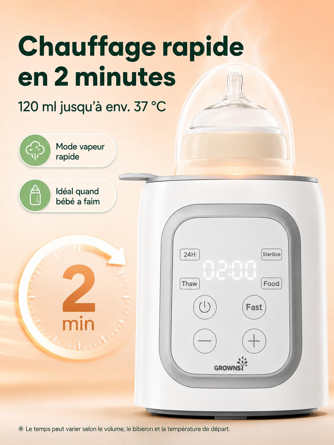 GROWNSY Chauffe-Biberon 10-en-1, Chauffage Rapide pour Lait Maternel et Lait Infantile, Contrôle Intelligent de la Température et Arrêt Automatique, Indispensable pour Nouveau-Né, Rose Poudré
