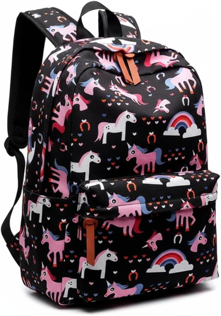 Polyester Printed Waterproof Preppy Style Girls Women Backpack (Black Unicorn)