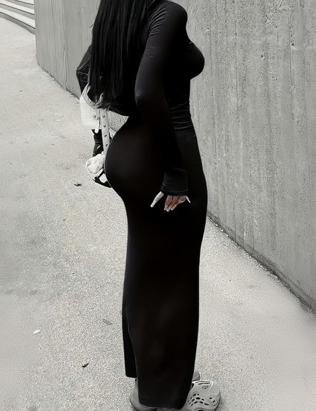 Damska sukienka maxi z długim rękawem, podkreślająca figurę, z prążkowanymi ściągaczami, seksowna sukienka bodycon, wąska, długa, elegancka, jednokolorowa, sukienka wieczorowa, na imprezę, do