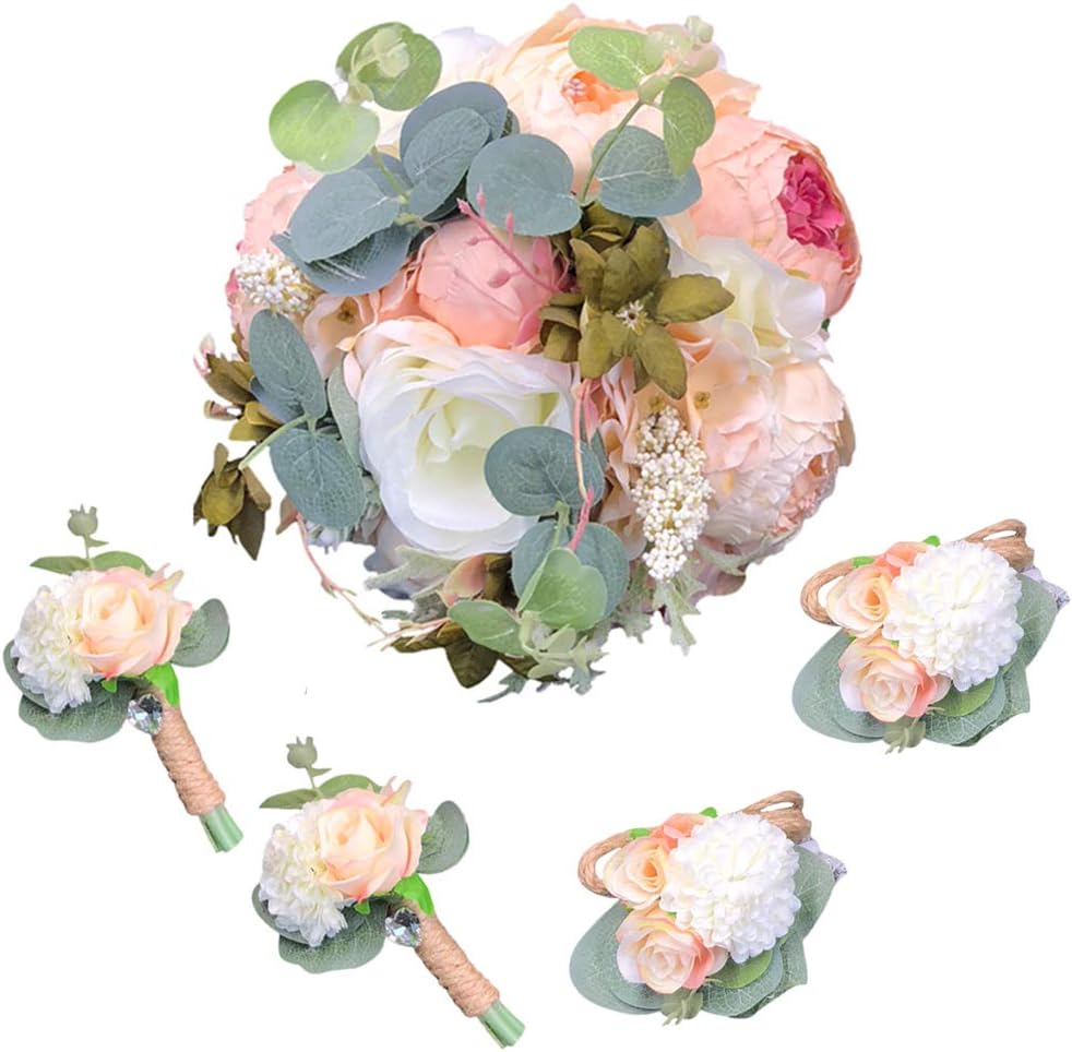 Abbie Home 5pcs Wedding Bouquet Kit - Artificial Roses Peony Lily Bridal Flowers Wrist Corsage Boutonnier Set