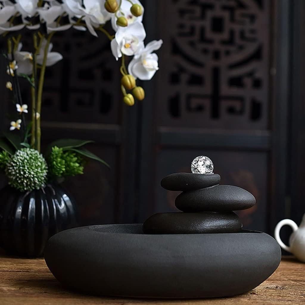 Tabletop Water Fountain Casual Tabletop Fountain Ceramic Zen 3 Tier Stone Mountain Fountain Home Ceramic Decor Crafts, Black Indoor Fountain
