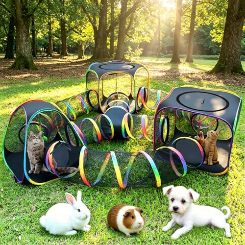 CypherX Outdoor Rainbow Cat Enclosure 7 in 1 Portable Cat Tents for Outside Cage Free Outside Pop up Pet Enclosure Cat Tunnel Outdoor Playground for Indoor Cats and Small Animals