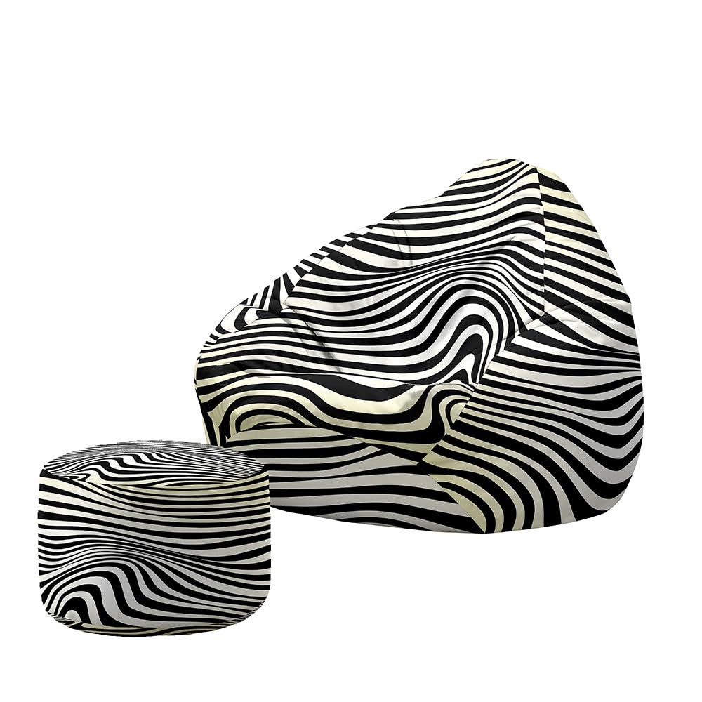 3D Sitzsack mit Lehne und Hocker mit Ohne Füllung Großes Sofa Lazy Lounger Sitzsack Stuhlbezug Indoor Sitzsack Abdeckung für Kinder und Jugendliche (100x120+20x30cm,gestreiftes Zebra 7)