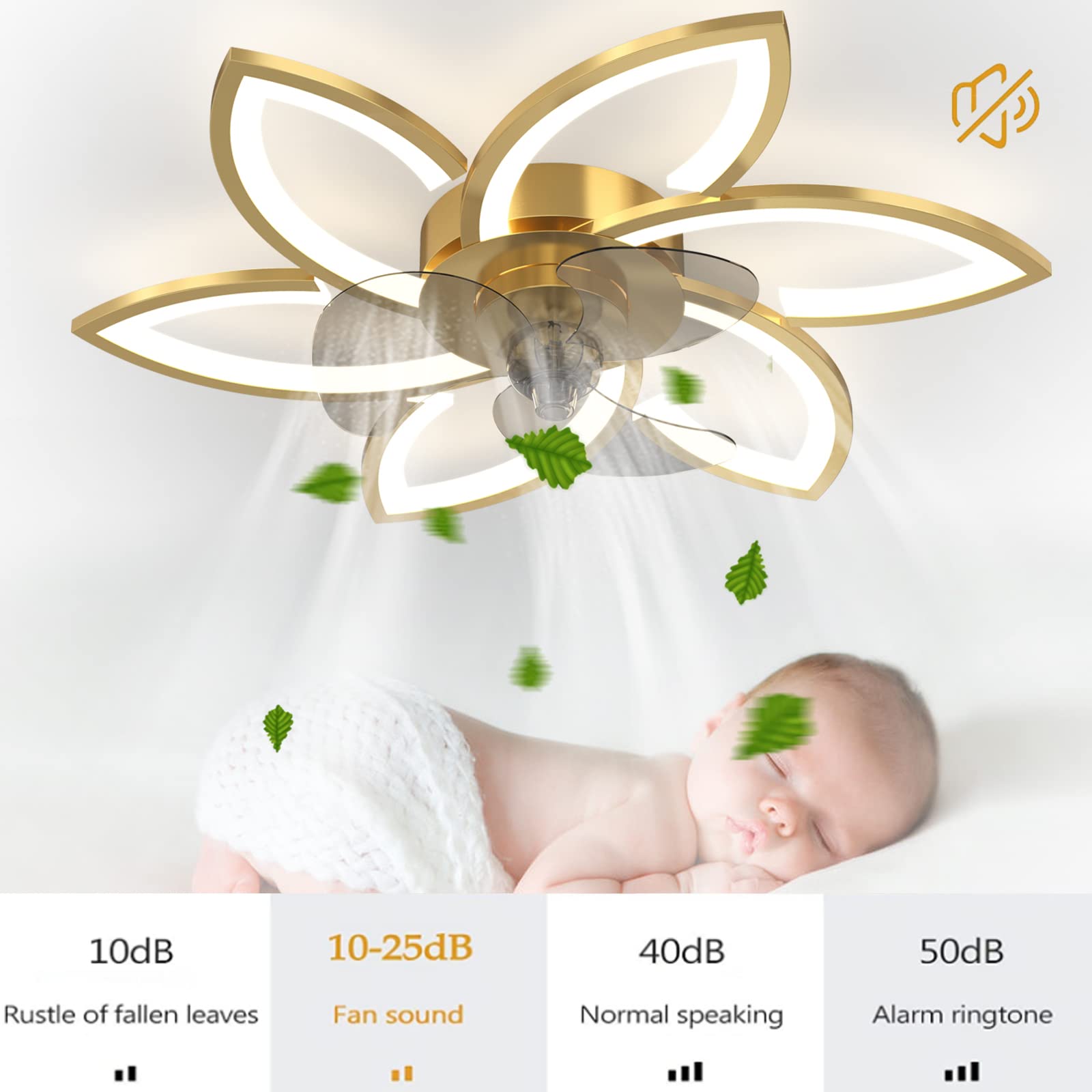 Plafondventilator met verlichting, 55 cm, LED, dimbaar, met afstandsbediening, verstelbaar, windsnelheid, modern, creatief, stil, slaapkamer, woonkamer, lamp, ventilator (goud