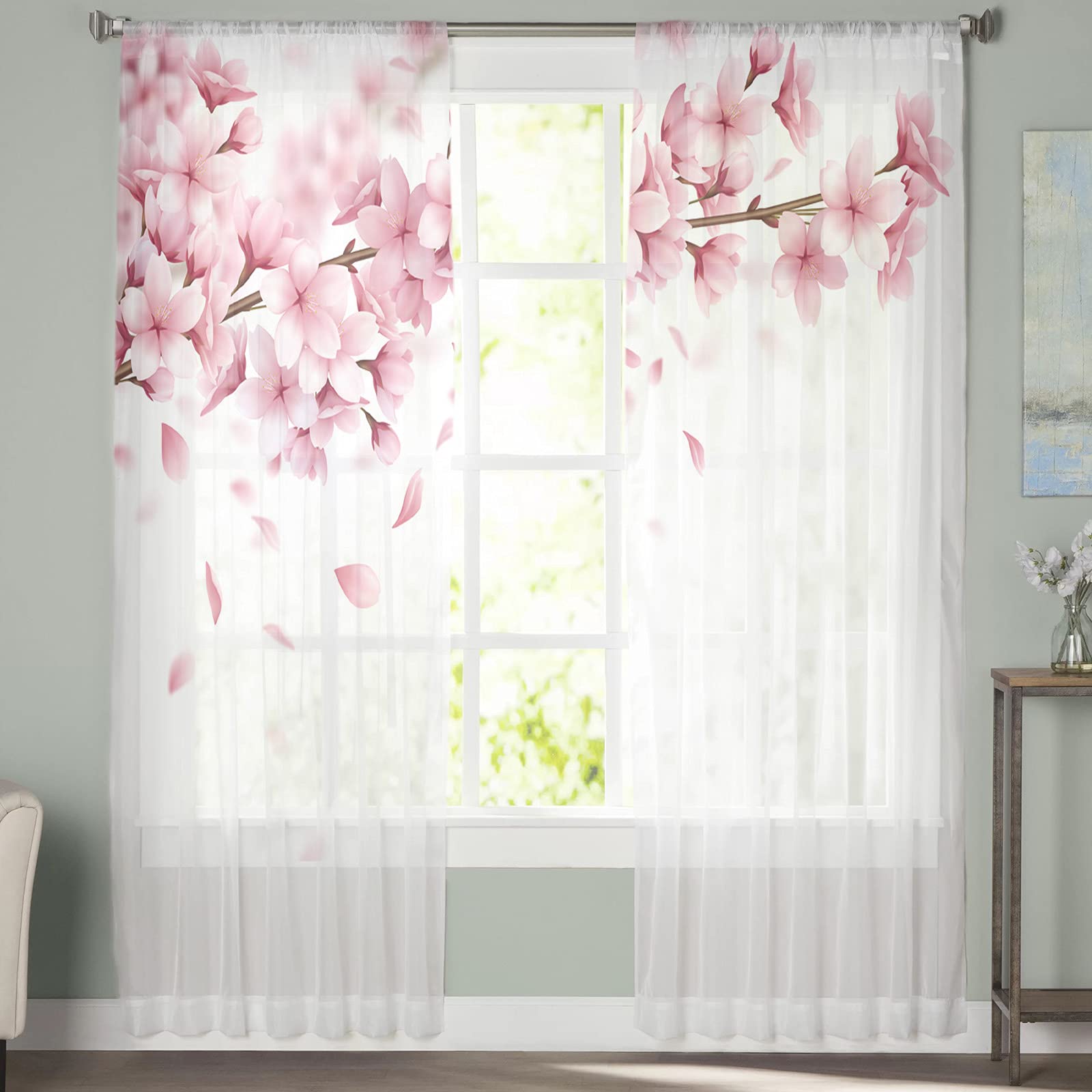 Fleur Rose Fleurs De Cerisier Blanc Tulle Rideaux pour Salon Chambre Décoration Mousseline De Soie Voile Cuisine Fenêtre Rideau-LEX03429,W135 x H160cm x2