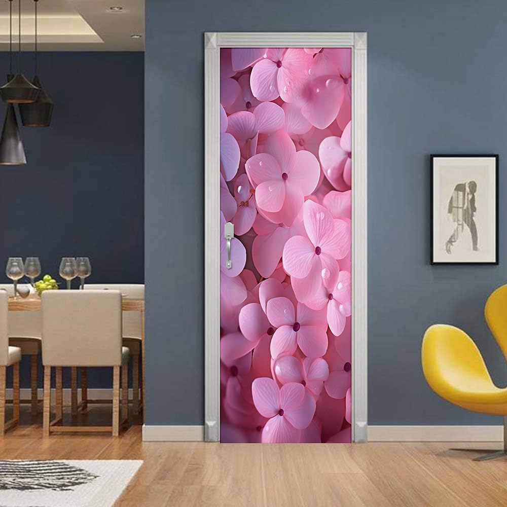 Modern Flowers Door Stickers for Interior Doors Pink Flowers 3D Door Decals Art Sticker Self Adhesive Door Murals for Bedrooms Living Room Bathroom Home Decor G681?90x210 cm?