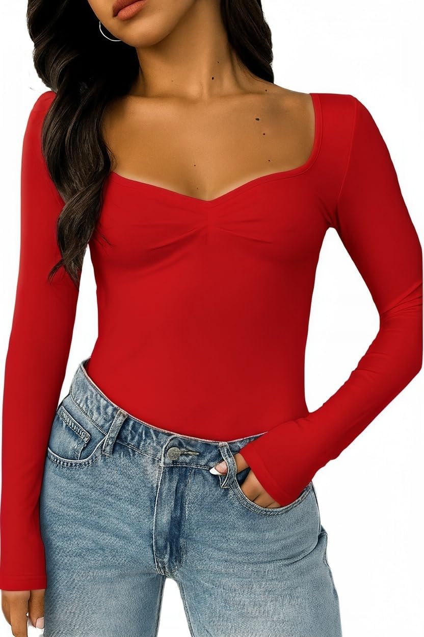 ForeFair Women's Long Sleeve Going Out Tops Pleated Basic T Shirts Cute Sweetheart Neck Y2K Fall Tops - Image 2