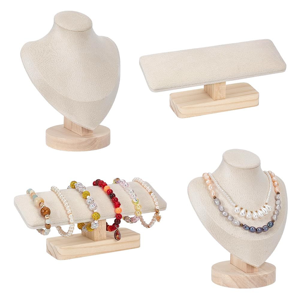 nbeads 4 Pcs Présentoir à Bijoux, 2 Pcs 19.7x6x8.2cm Présentoir à Bracelets en Velours avec 2 supports à Colliers de Buste en PU pour la Vente au Détail à Domicile Ou en Boutique, Blanc Antique
