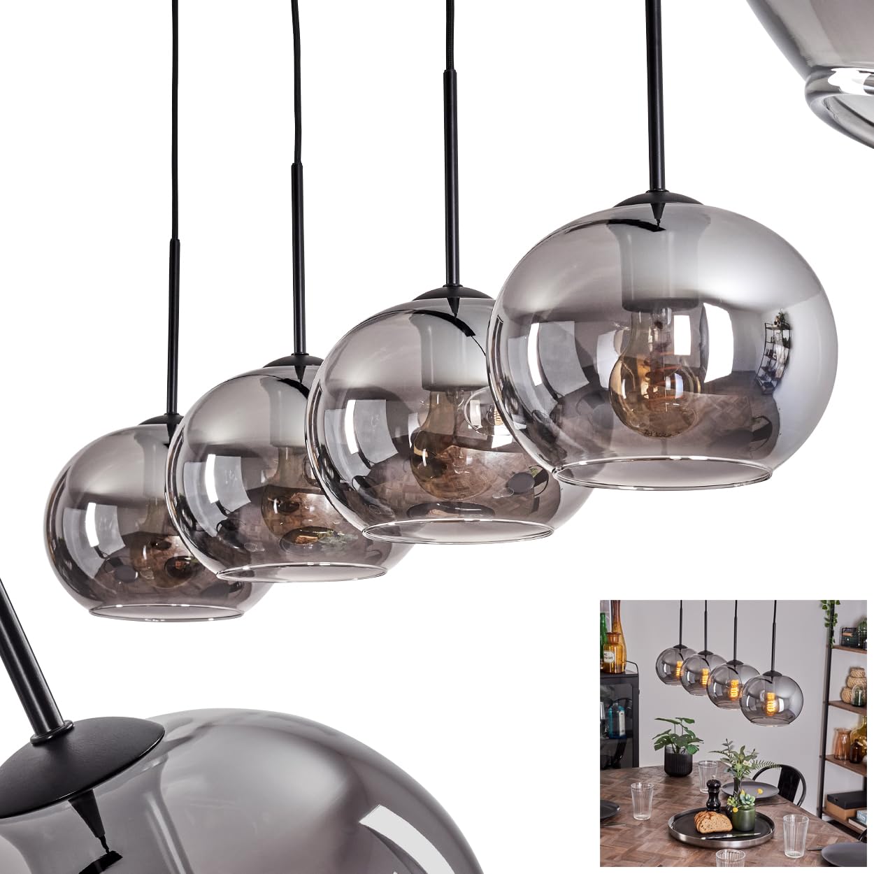 HOFSTEIN Suspension Apedo, 4 ampoules en métal/verre noir fumé, suspension moderne au design rétro/vintage, abat-jour Ø 20 cm, E27, salle à manger, cuisine, salon