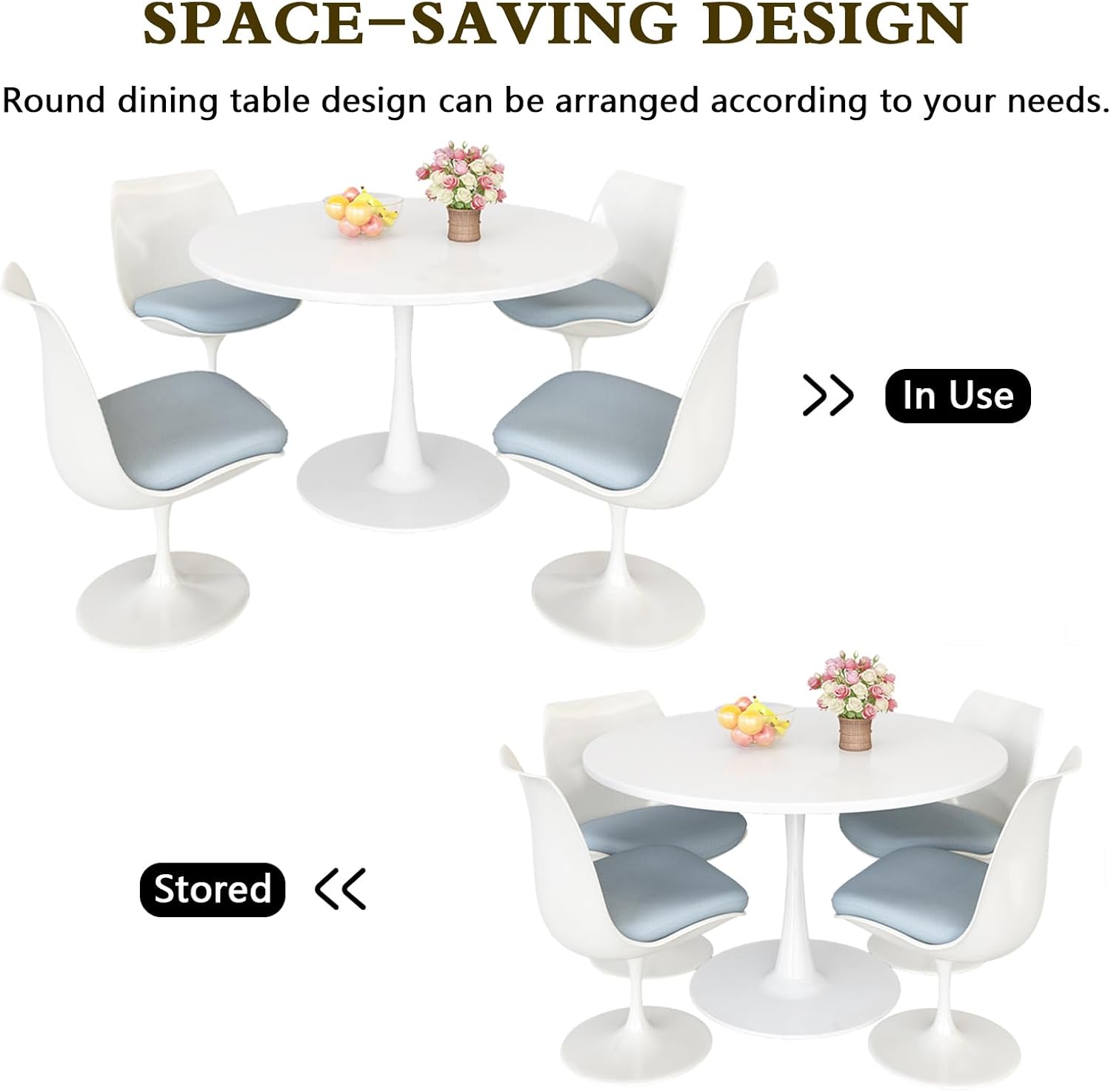 DKLGG White Round Dining Table, 39.1" Tulip Kitchen Dining Table for 4-5 People with MDF Table Top & Pedestal Base, Mid-Century End Living Room Table