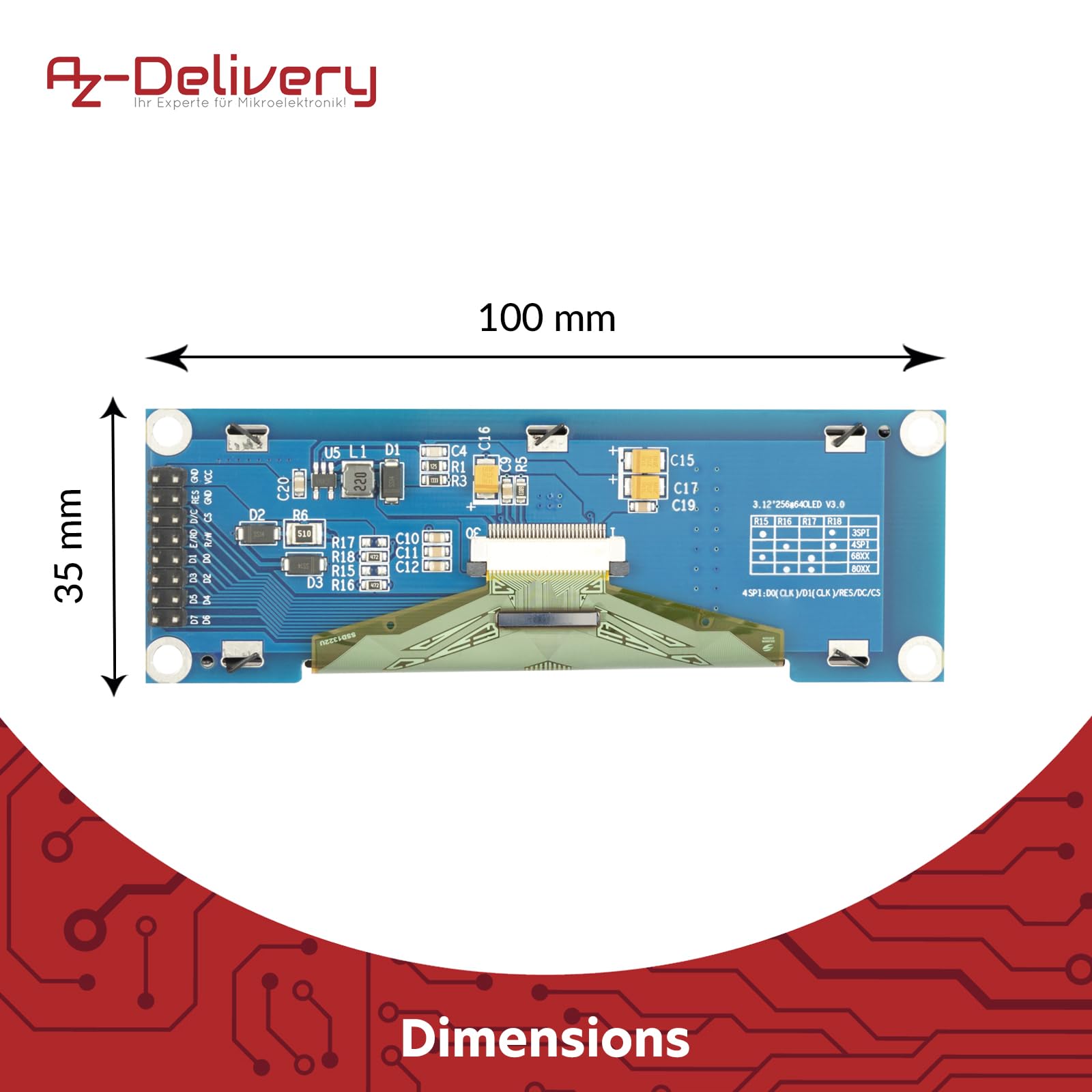 AZDelivery Wyświetlacz OLED 3,12" 256 x 64 z kontrolerem SSD1322, obsługa SPI, kompatybilny z ESP32S3, Arduino Giga i SSH1106, niebieski