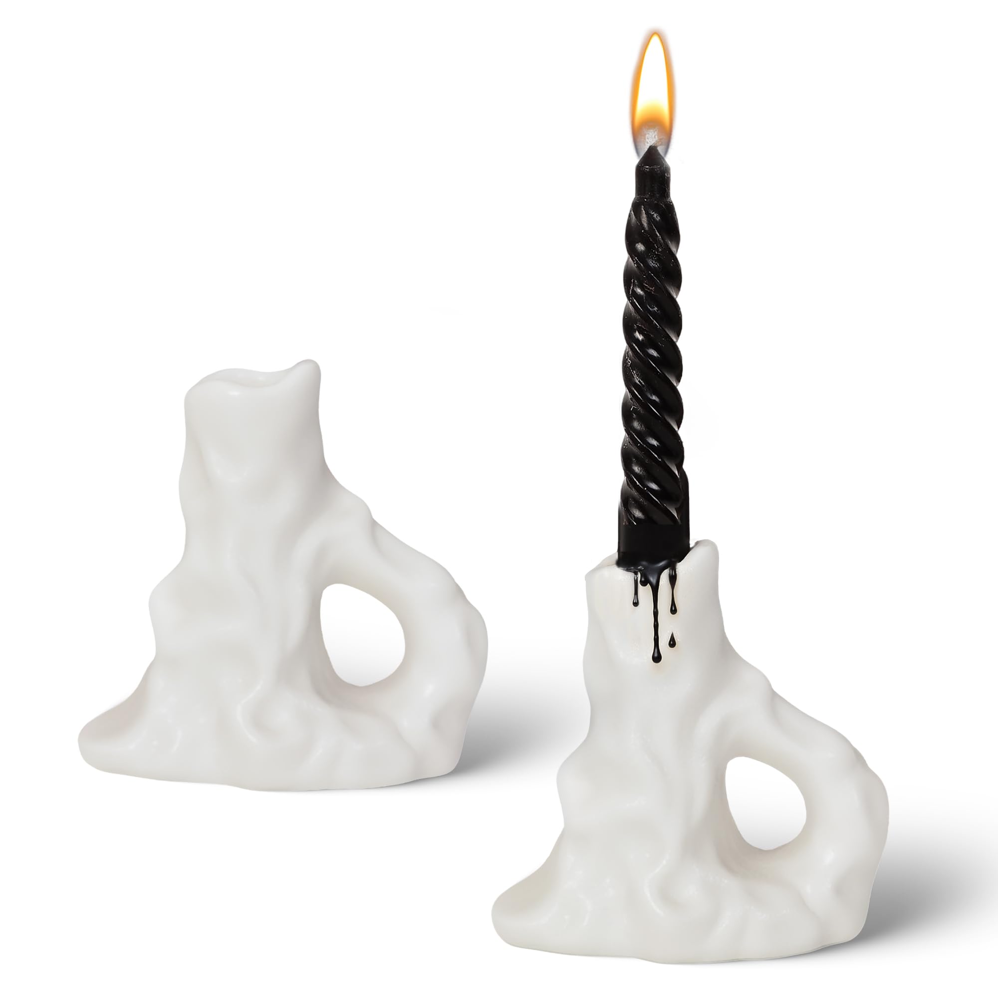 Set of 2 White Ceramic Taper Candle Holders - Modern Minimalist Sculptural Hand-Finished Candlesticks | Elegant Aesthetic Decor for Dining Table, Mantel, Home