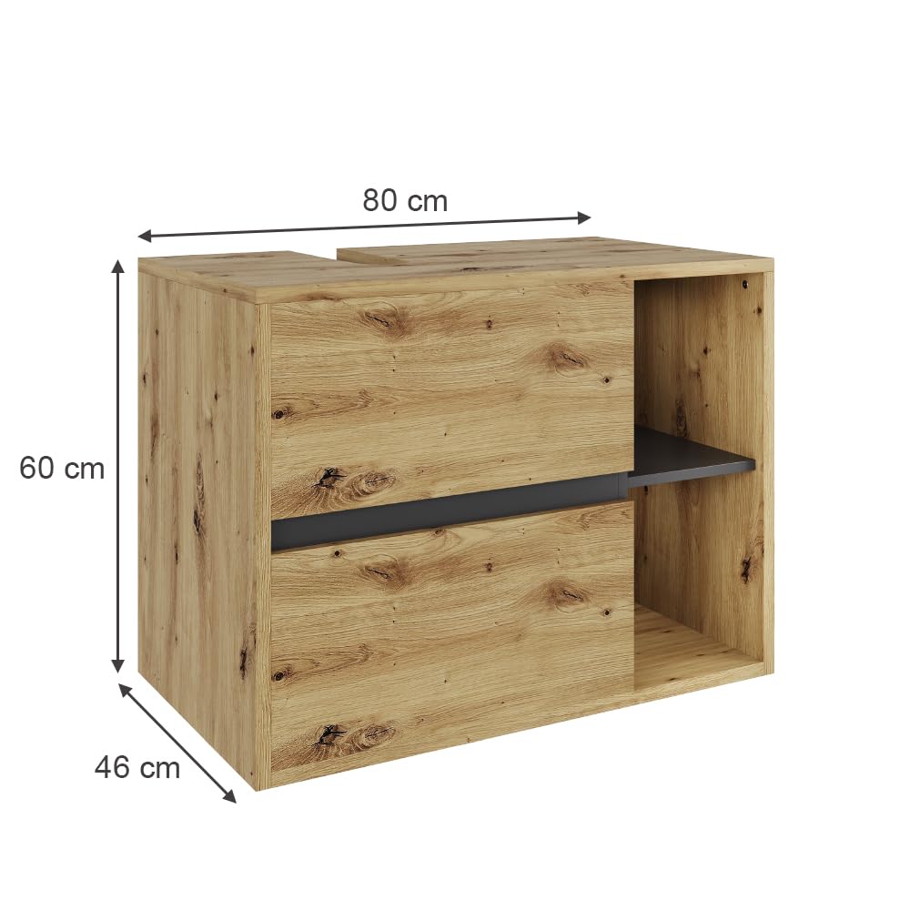 Vicco Mobiletto per lavabo Viola, Artigiano/grigio, 80 x 60 cm con 2 cassetti, con intaglio per sifone per installazione sospesa a parete