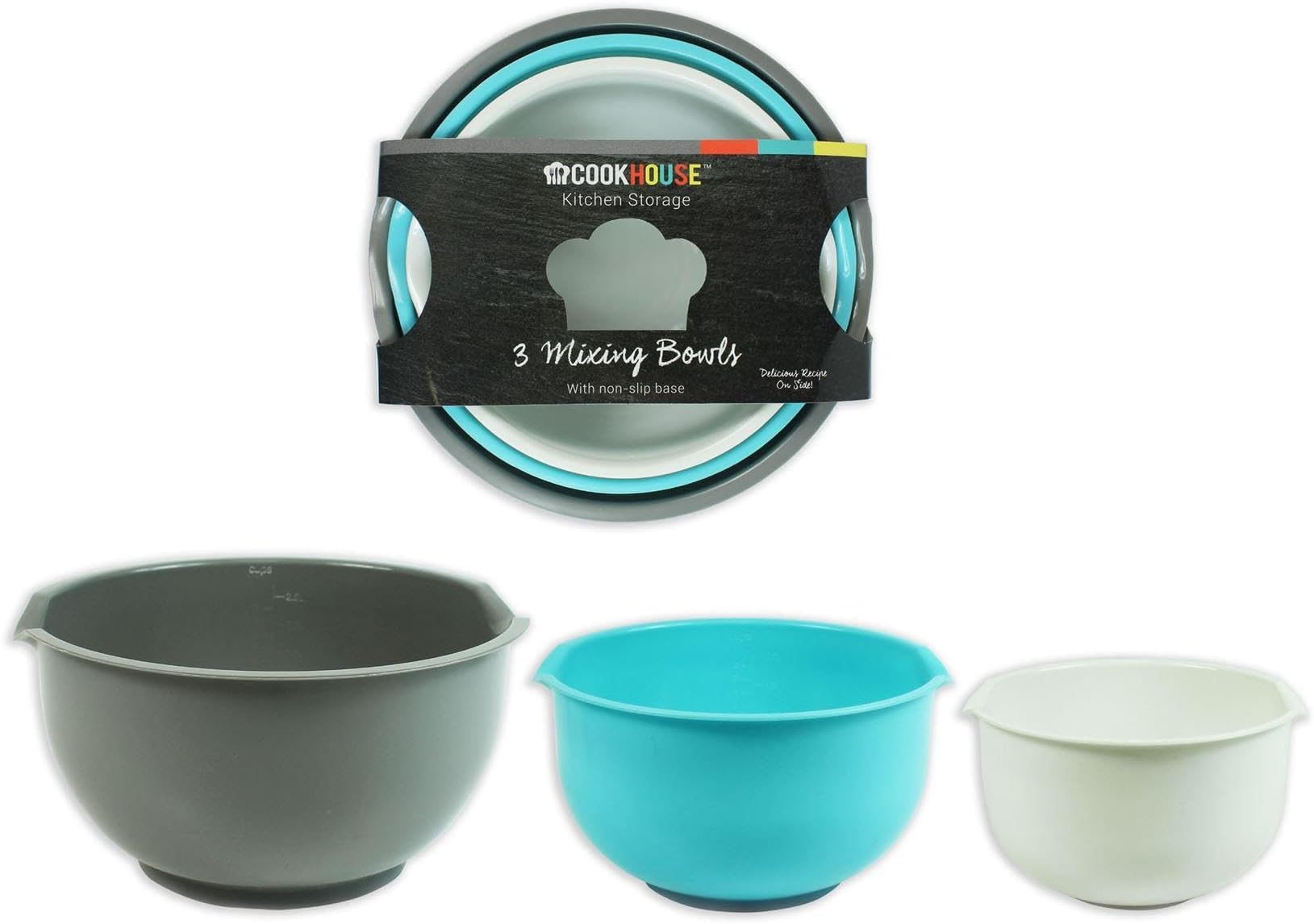 3 Piece Mixing Bowl Set Non-Slip Baking Cooking Food Preparation 3 Sizes Pack Pink Grey White