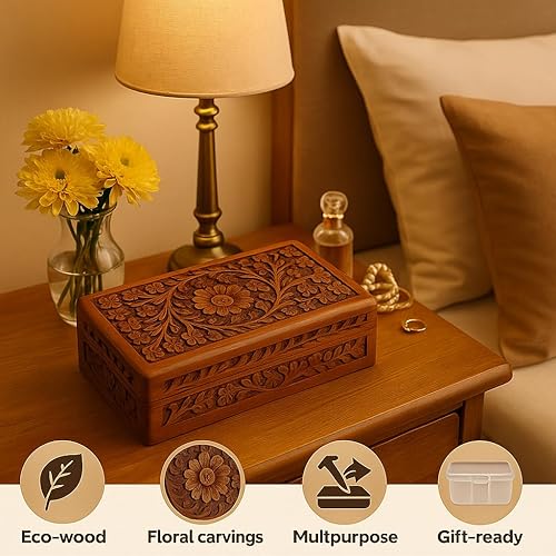 Miniatura 6 de STORE INDYA Caja de madera tallada floral hecha a mano de 8 x 5 pulgadas, multiusos para almacenar joyas, monedas, tarjetas de tarot, cofre del